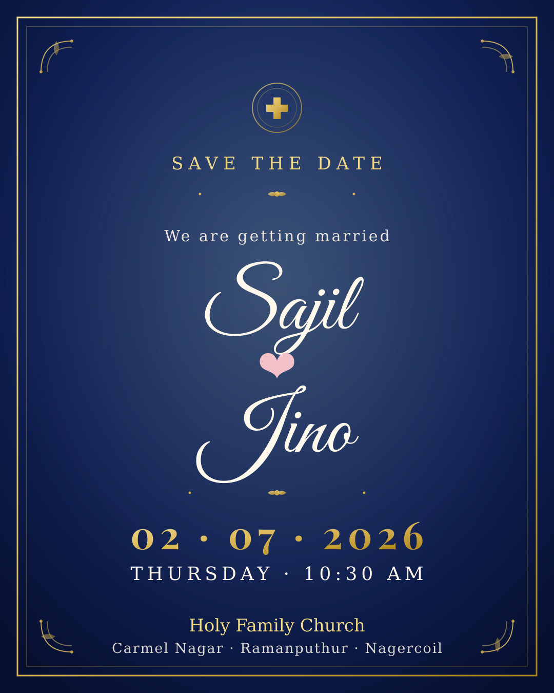 Sajil and Jino Save the Date — 02 July 2026, Holy Family Church Nagercoil